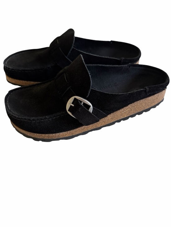 Birkenstock Shoes - Birkenstock Black Suede Buckle Clog Mule with Cork Midsole